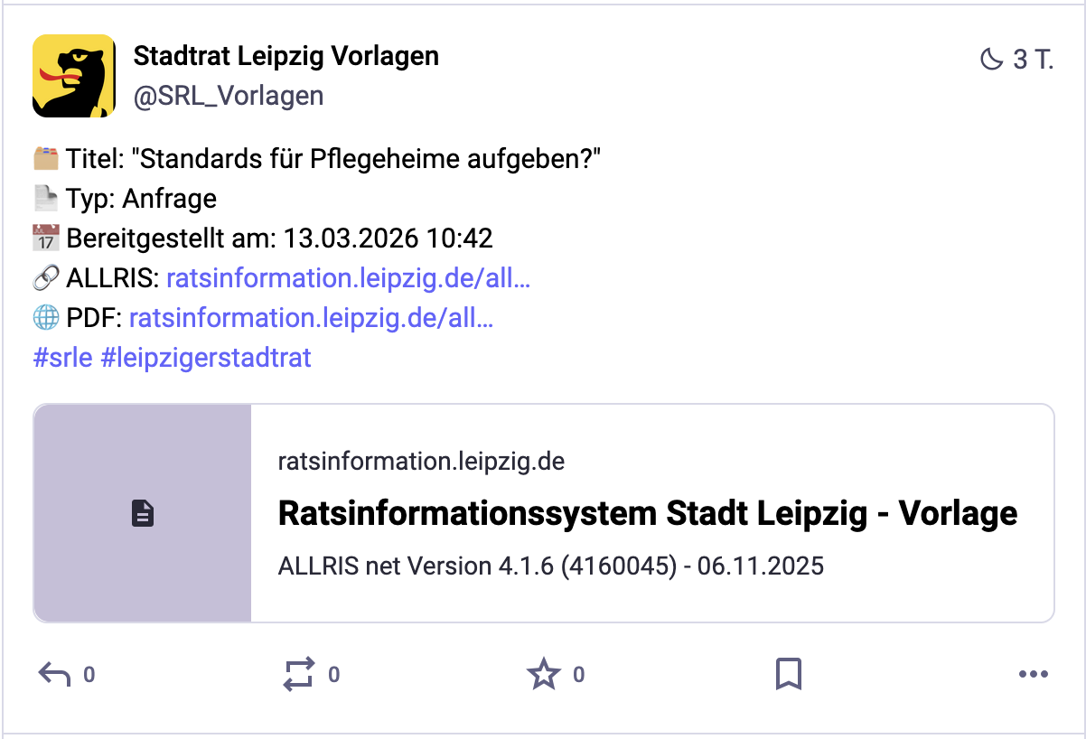 Screenshot eines Posts des Bots mit dem Titel “Standard für Pflegeheime aufgeben?”